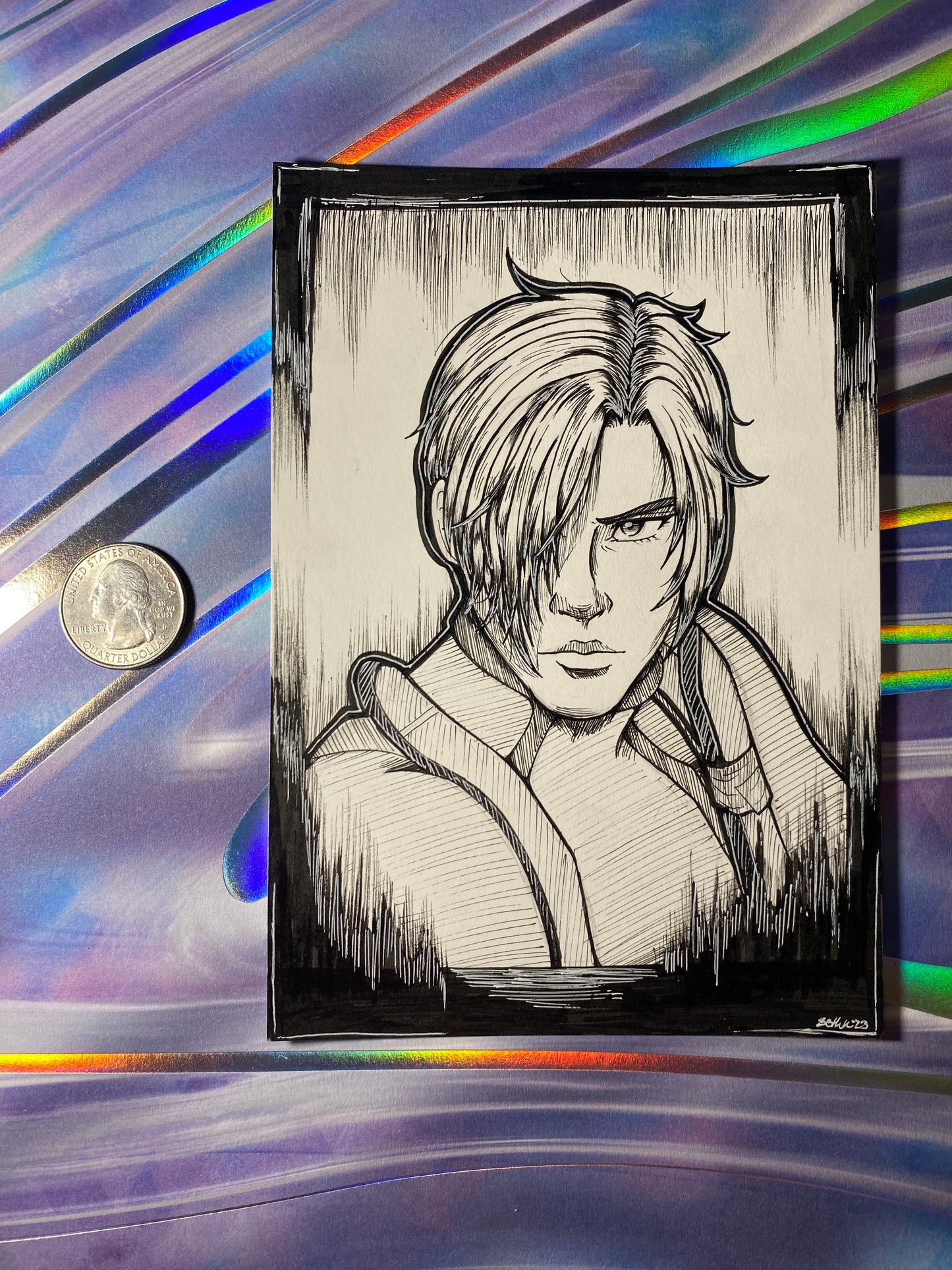 Leon S Kennedy RE4 - 4.25”x6.25” Original Traditional Fan Art Ink Drawing