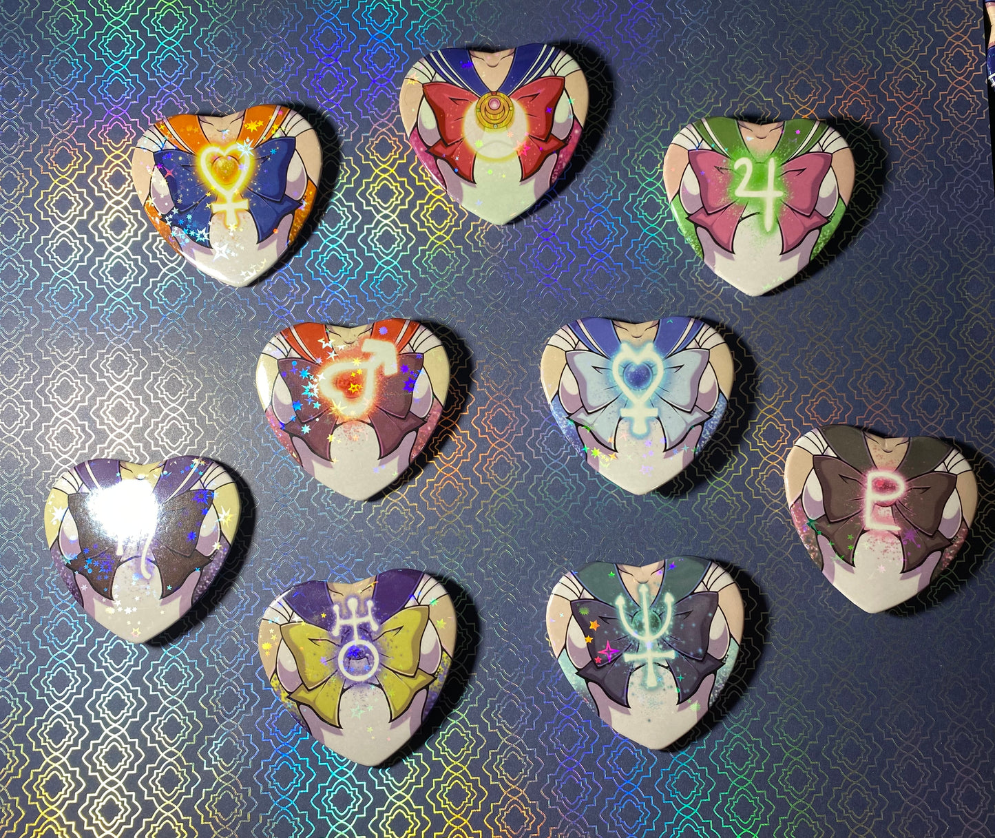 Sailor Moon 2” Starry Holographic Heart Buttons